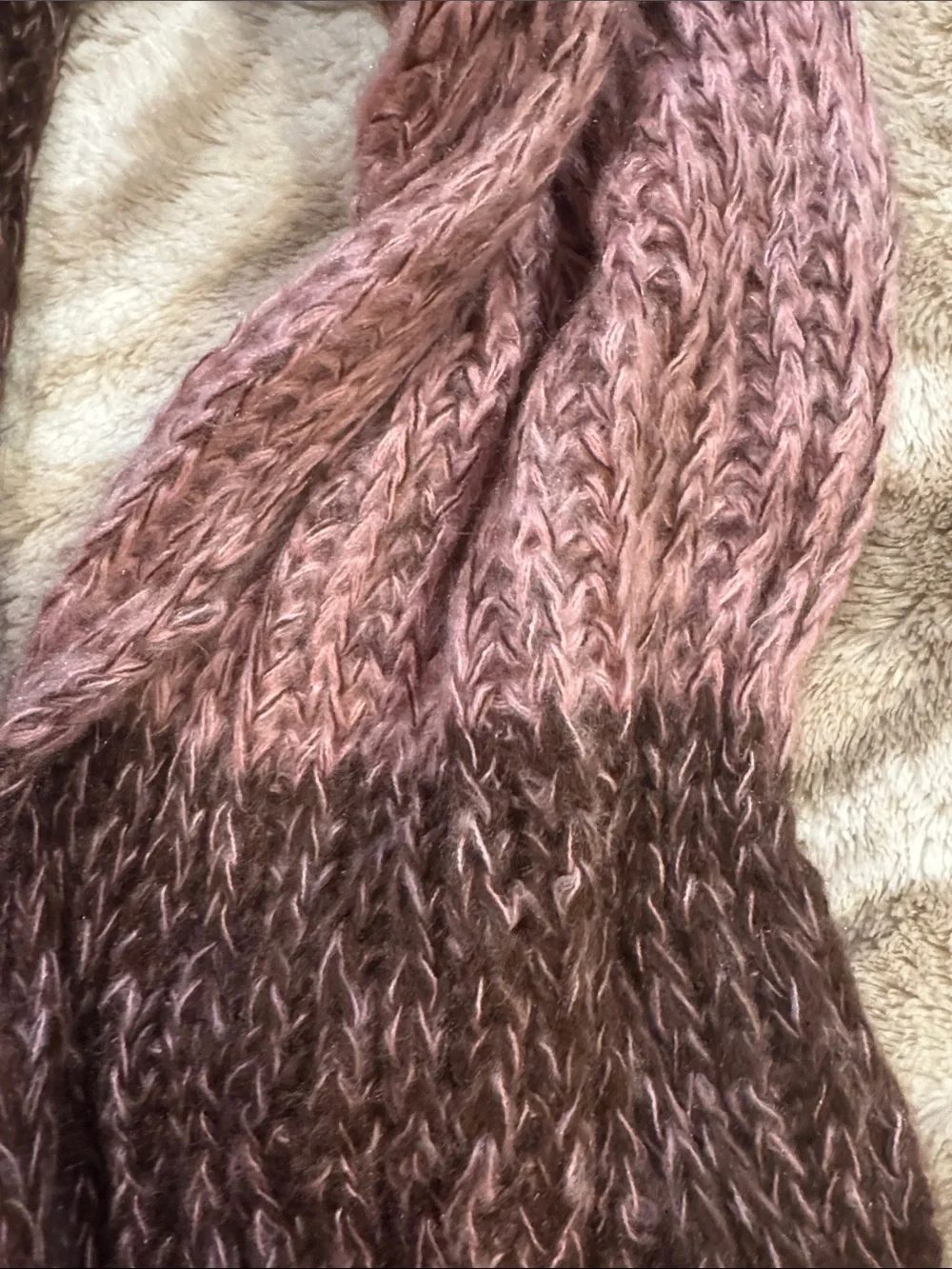 Cozy Two-Tone Knit Infinity Scarf - Pink & Brown